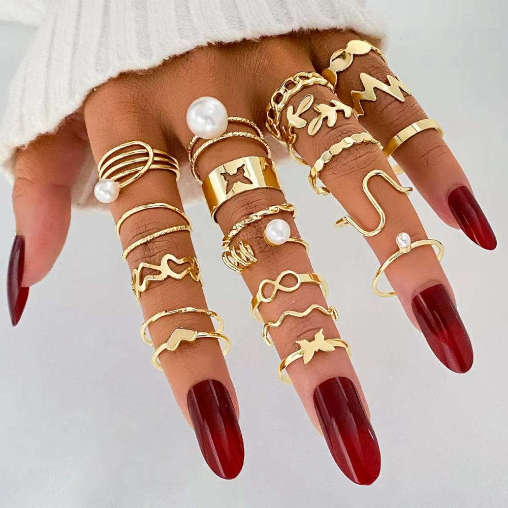 20PCS Gold Aesthetic Ring Set Pearl Wave Leaf Infinity Knuckle Rings Women NWT
